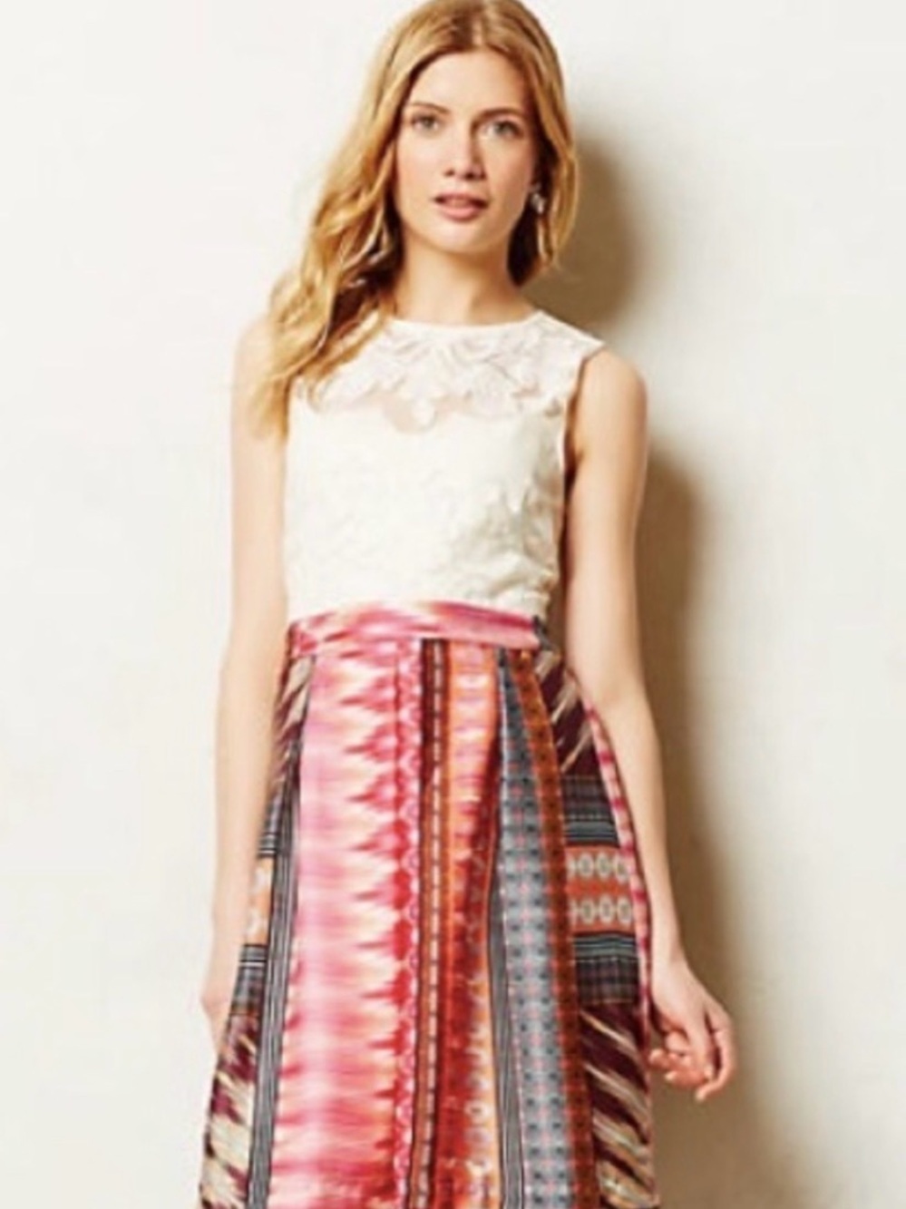 Anthropologie Weston Multi-Color Patterned Dress - Lace Top Silk Skirt 4